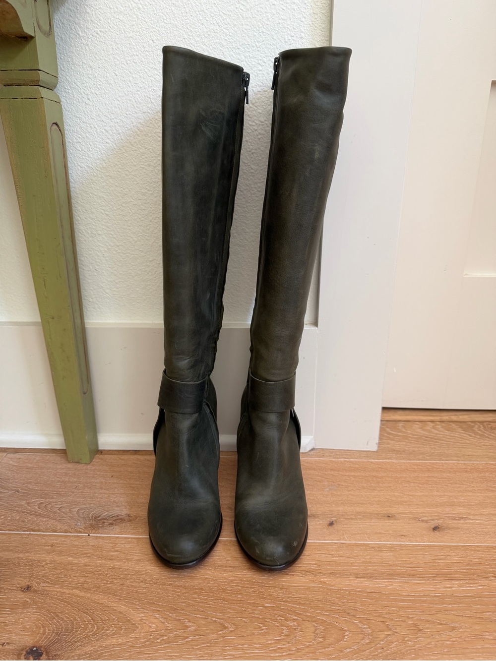 Coclico Bess Tall Leather Boots Olive Green Block Heel EU 37.5 / US 7.5